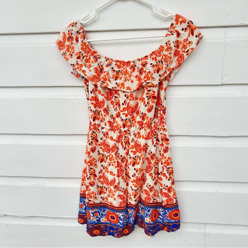 Orange & Blue Floral Off The Shoulder Dress